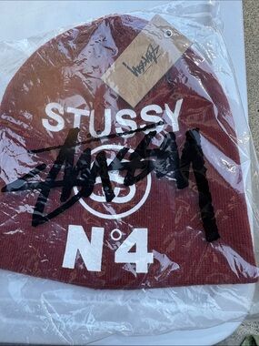 Stussy Burgundy Beanie with White and Black Logo